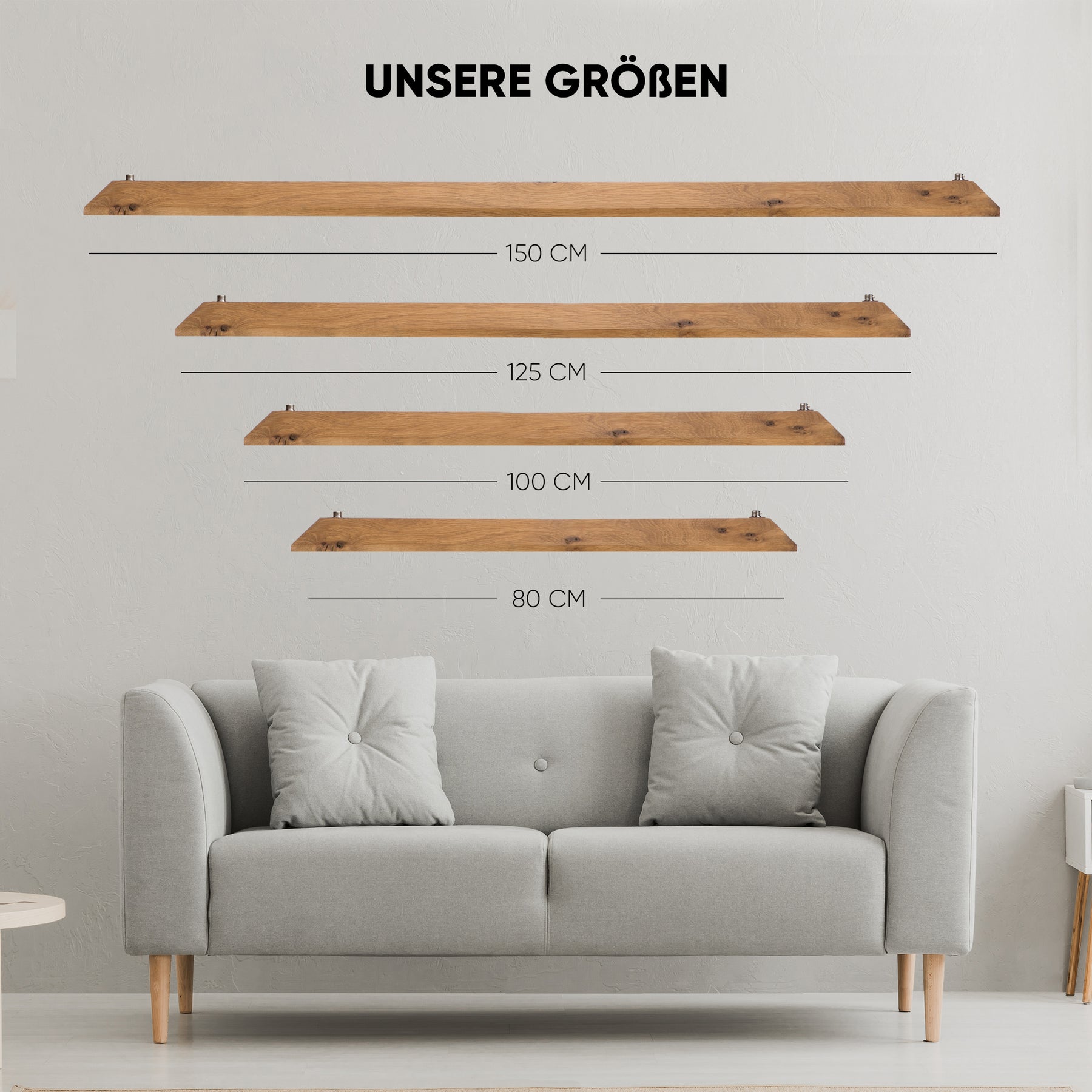 Bild mit 4 unterschiedlichen Größen unserer Designer Pendelleuchte aus Massivholz, Die Größe 150 cm , 125 cm, 100 cm und 80 cm.