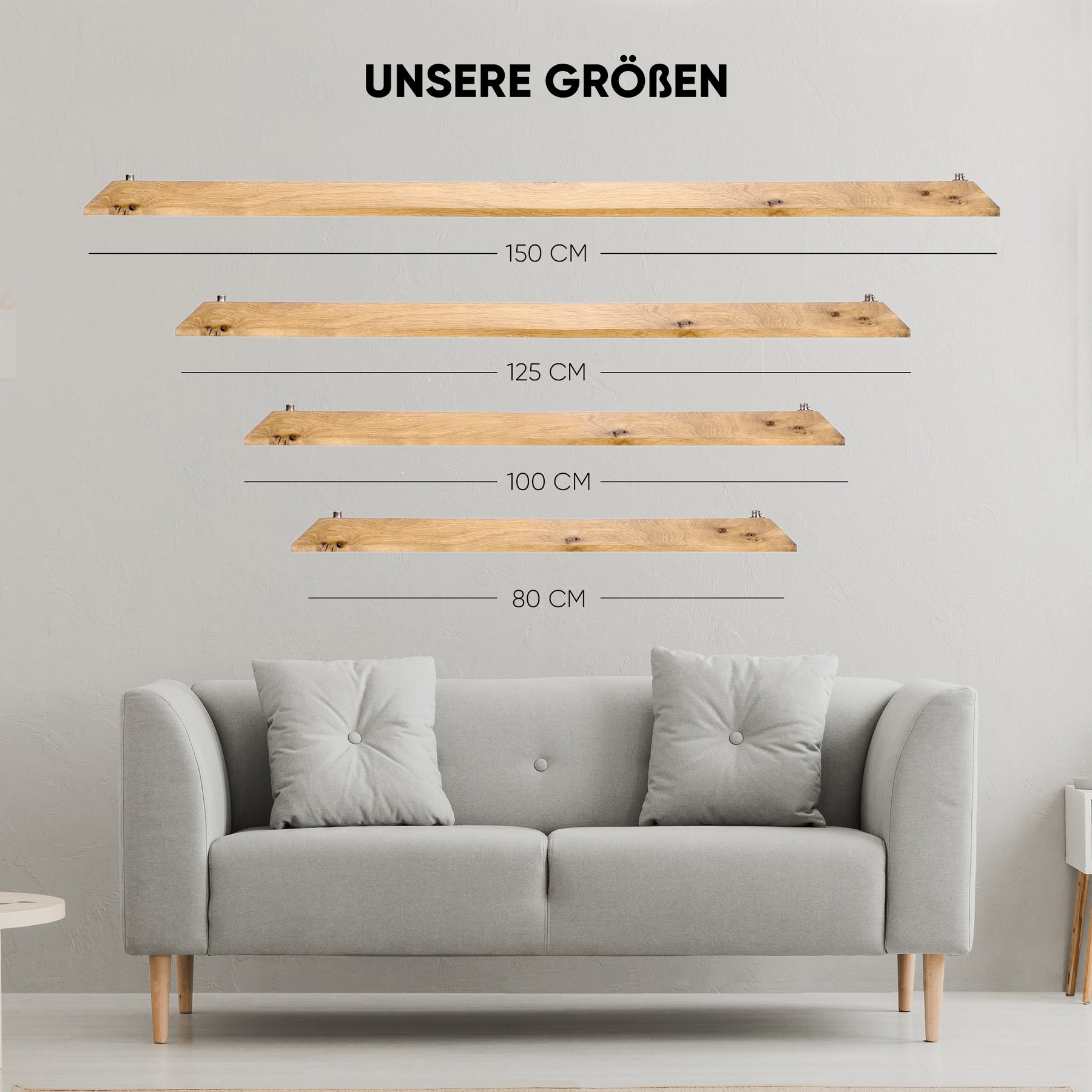 Bild mit 4 unterschiedlichen Größen unserer Designer Pendelleuchte aus Massivholz, Die Größe 150 cm , 125 cm, 100 cm und 80 cm.