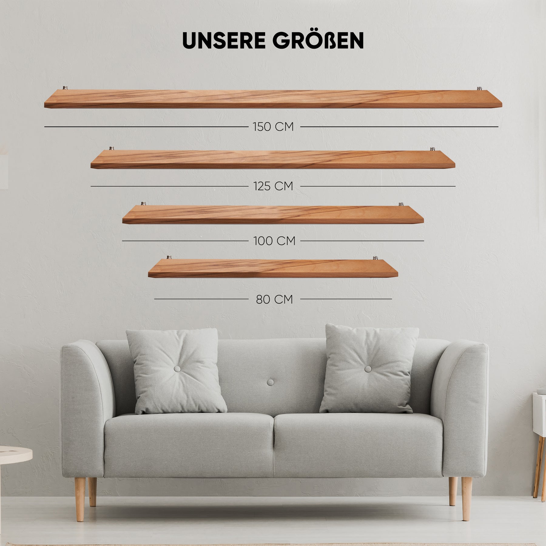  Bild mit 4 unterschiedlichen Größen unserer Designer Pendelleuchte aus Massivholz, Die Größe 150 cm , 125 cm, 100 cm und 80 cm.
