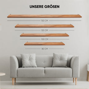  Bild mit 4 unterschiedlichen Größen unserer Designer Pendelleuchte aus Massivholz, Die Größe 150 cm , 125 cm, 100 cm und 80 cm.